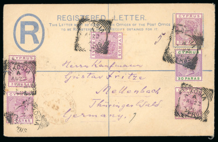 1896 (22 Aug) 2pi Size G registration envelope via Larnaca to Germany, uprated with six examples of the 30pa adhesives tied by squared circle of NICOSIA A/AU.22.96/CYPRUS, with red oval REGISTERED/CYPRUS alongside. Trans