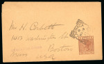 1897 One Piastre brown newspaper wrapper to Boston, U.S.A., the indicium cancelled by a crisp LARNACA B/MR.19.97/CYPRUS squared-circle datestamp. Additionally struck with the unusual linear "CYPRUS POST OFFICE" handstamp