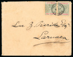 1900 Envelope to Larnaca, franked with two 1894–96 CA ½pi green and carmine adhesives, tied by PLATRES A/6.SP.00/CYPRUS circular datestamps. Reverse flap missing, with Larnaca arrival backstamp. A fine and scarce example