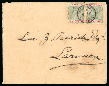 1900 Envelope to Larnaca, franked with two 1894–96 CA ½pi green and carmine adhesives, tied by PLATRES A/6.SP.00/CYPRUS circular datestamps. Reverse flap missing, with Larnaca arrival backstamp. A fine and scarce example