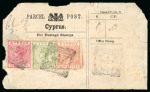 1893 Parcel Post Label bearing QV 1pi rose, 4pi olive-green and 12pi orange-brown (defective), all tied by squared circle NIKOSIA A/MR.27.93/CYPRUS ds, with similar alongside, a fine and scarce 17pi usage.