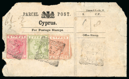 1893 Parcel Post Label bearing QV 1pi rose, 4pi olive-green and 12pi orange-brown (defective), all tied by squared circle NIKOSIA A/MR.27.93/CYPRUS ds, with similar alongside, a fine and scarce 17pi usage.