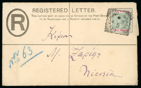 1901 (21 June) 2pi Size G registration envelope to Nicosia, uprated with 1/2pi green and carmine adhesive tied by squared circle of LEFKONIKO A/JU.21.01/CYPRUS ds. Arrival marking on reverse. Scarce village cancel.