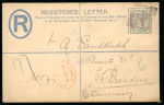 1898 (11 Oct) 2pi Size G registration envelope to Dresden, Germany, uprated with 6pi sepia and green tied by LARNACA A/FE.4.98/CYPRUS squared circle ds, with oval red REGISTERED/CYPRUS ds alongside. Transit and arrival m