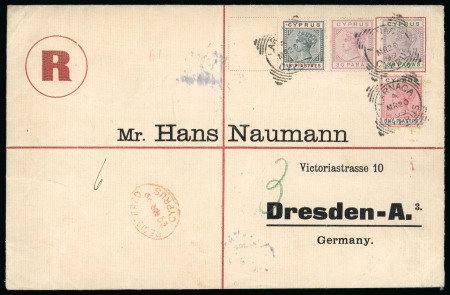 1899 (20 March) Large printed registered envelope to Dresden, Germany, franked with 30pa in two different shades, 1pi, and the scarce 18pi value, all neatly tied by LARNACA A/MR.20.99/CYPRUS squared-circle datestamps. Ad