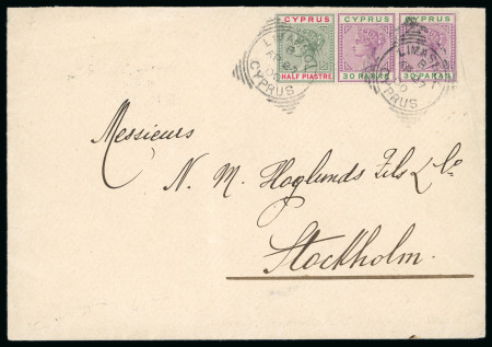 1900 (27 Apr) Envelope to Stockholm (Sweden), Germany, franked 30pa pair, one showing the "Damaged U" variety and 1/2pi all tied by LIMASSOL B/AP.27.00/CYPRUS squared circle ds. Arrival marking on reverse. Scarce destina