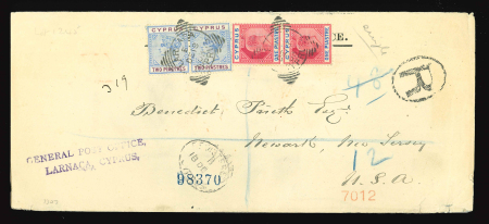 1903 (18 Dec.) Large legal-size registered cover from Larnaca to Newark, New Jersey, U.S.A., franked with a pair of QV 2pi in combination with a pair of KEVII 1pi, all tied by LARNACA B/DE.18.03/CYPRUS squared-circle dat