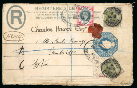 1906 (4 May) Size G 2pi blue registration envelope to London, subsequently redirected to Cambridge, uprated with 4pi olive-green and purple, tied by TROODOS A/AU.15.04/CYPRUS circular datestamps. Also bearing the oval bl
