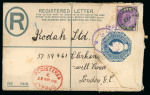 1906 (22 Mar.) 2pi blue, Size G registration envelope to London, uprated with 30pa purple and green tied by POLYMEDIA A/MR.22.06/CYPRUS cds, with oval red REGISTERED/CYPRUS ds, all alongside. Arrival marking on reverse. 