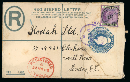 1906 (22 Mar.) 2pi blue, Size G registration envelope to London, uprated with 30pa purple and green tied by POLYMEDIA A/MR.22.06/CYPRUS cds, with oval red REGISTERED/CYPRUS ds, all alongside. Arrival marking on reverse. 