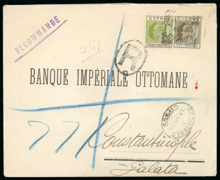 1905 (25 Aug.) Registered envelope from Larnaca to Constantinople, franked 4pi olive-green and purple and 6pi sepia and green, tied squared circle LARNACA C/AU.25.05/CYPRUS cds, with black oval REGISTERED/CYPRUS alongsid