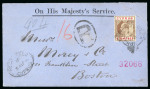 1906 (3.Aug.) OHMS registered envelope from Laranca to Boston (USA), franked 9pi brown and carmine, tied squared circle LARNACA B/AU.3.06 ds, with oval REGISTERED/CYPRUS ds alongside. Transit and arrival bs. A very fine 