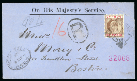 1906 (3.Aug.) OHMS registered envelope from Laranca to Boston (USA), franked 9pi brown and carmine, tied squared circle LARNACA B/AU.3.06 ds, with oval REGISTERED/CYPRUS ds alongside. Transit and arrival bs. A very fine 