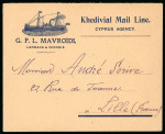 1909 Khedival Mail Line Cyprus Agency advertising envelope addressed to Lille, France, franked on reverse by 2pi blue and purple, tied LARNACA D/OC.22.09/CYPRUS, very fine and attractive.
