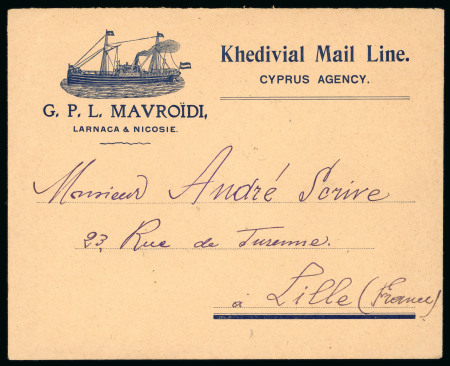 1909 Khedival Mail Line Cyprus Agency advertising envelope addressed to Lille, France, franked on reverse by 2pi blue and purple, tied LARNACA D/OC.22.09/CYPRUS, very fine and attractive.