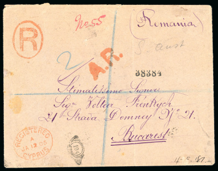 1906 (12 Jan.) Registered and "A.R." envelope via Larnaca to Bucharest, Romania, franked four example of the 1/2pi and 2pi pair, all tied on the reverse by strikes of the FAMAGUSTA B/JA.12.06/CYPRUS cds, with Larnaca tra