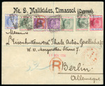 1905 Registered envelope from Limassol to Berlin, Germany, franked KEdVII 1/2pi (3), 30pa (2), 1pi and 2pi all tied by squared circle LIMASSOL C/NO.1.05/CYPRUS cds, with red oval REGISTERED/CYPRUS ds alongside, a colourf