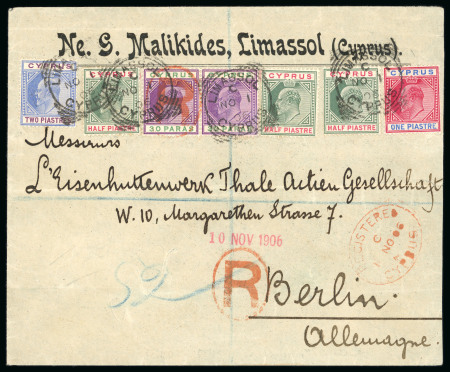 1905 Registered envelope from Limassol to Berlin, Germany, franked KEdVII 1/2pi (3), 30pa (2), 1pi and 2pi all tied by squared circle LIMASSOL C/NO.1.05/CYPRUS cds, with red oval REGISTERED/CYPRUS ds alongside, a colourf
