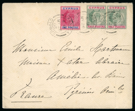 1905 (26.May) Envelope to France, franked 1/2pi pair and 1pi, all tied by early use of the barred double-circle LARNACA/MY.26.04/CYPRUS cds, very fine two piastre franking.