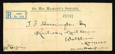 1908 Large OHMS legal size registered envelope from Larnaca to Waltham, USA, franked KEdVII 5pa strip of six, 10pa block of four, 1pi strip of three and 2pi all tied on reverse by LARNACA A/JU.24.08/CYPRUS cds, with tran