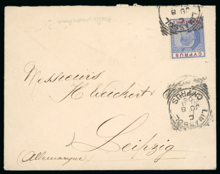 1904-10 MCA 2pi blue and purple, showing broken top left triangle variety, tied by squared circle of LIMASSOL C/JU.8.06/CYPRUS ds, on envelope to Leipzig, Germany, arrival bs. Very fine and scarce usage of the plate flaw