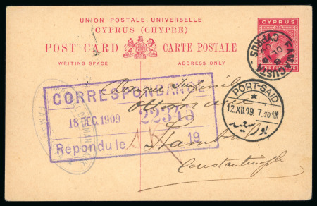 1909 Group of three postal cards paying the 1pi postal card rate, posted from Famagusta and Larnaca. A fine and attractive selection of overseas postal stationery usages (3).