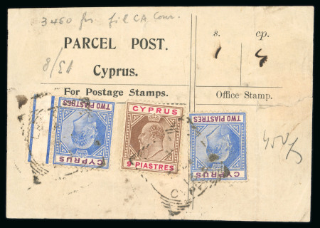 1912 Parcel Post Label bearing KEdVII 2pi blue and purple (2) and 9pi brown and carmine, all tied by squared circle ds, a fine and scarce 13pi usage.