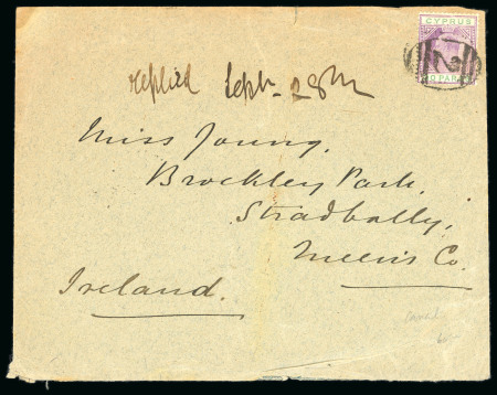 1905 Envelope to Ireland, franked KEdVII 30pa purple and green, tied by the rare barred oval numeral "2", with LIMASSOL A/SP.16.05/CYPRUS cds on reverse, very fine and scarce numeral usage.