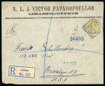 1910 Registered envelope to Brooklyn, NY, USA, franked KEdVII 4pi olive-green and purple tied by LIMASSOL B/AP.22.10 squared circle ds, transit and arrival bs, a fine and scarce usage.