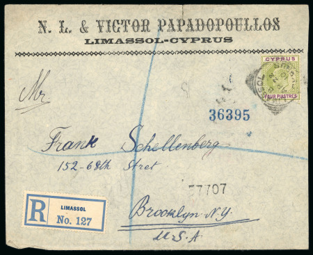 1910 Registered envelope to Brooklyn, NY, USA, franked KEdVII 4pi olive-green and purple tied by LIMASSOL B/AP.22.10 squared circle ds, transit and arrival bs, a fine and scarce usage.