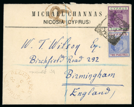 1906 Registered envelope to Birmingham, England, franked KEdVII 30pa purple and green and 2pi blue and purple, tied by clear NIKOSIA C/OC.3.06/CYPRUS cds, with red oval REGISTERED/CYPRUS alongside, transit and arrival bs