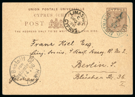 1898 (25 Mar.) 1½pi postcard written at Limassol and addressed to Berlin, Germany, cancelled by the blue LLOYD AUSTRIACO / I circular datestamp applied aboard the S.S. Achille. A very fine and scarce maritime postal hist
