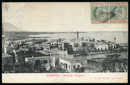 1905–10 Picture Postcards: Group of four picture postcards, including three bearing Reta (Crete) cancellations, and one cancelled on arrival at Larnaca by the very scarce barred numeral "981". A scarce and attractive gro