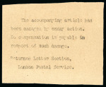 World War I cover from Cyprus to London, bearing KEdVII 30pa adhesive, severely damaged by seawater after being carried aboard the S.S. Cosseir, which was sunk by a German U-boat during the war. Recovered from the wreck 