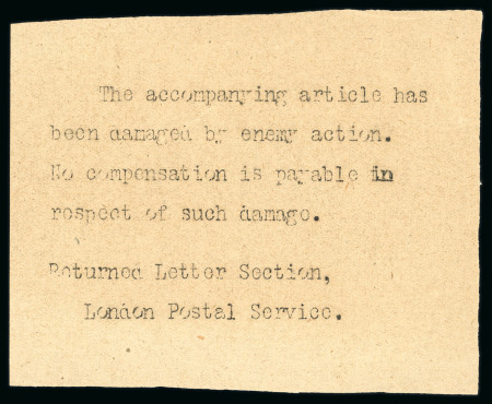 World War I cover from Cyprus to London, bearing KEdVII 30pa adhesive, severely damaged by seawater after being carried aboard the S.S. Cosseir, which was sunk by a German U-boat during the war. Recovered from the wreck 
