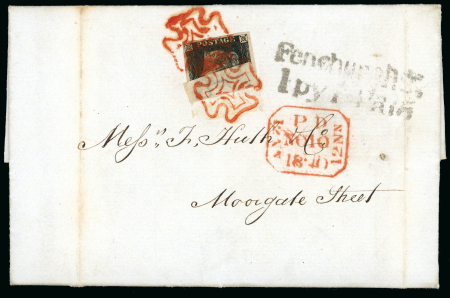 1840. 1d black, Plate 1b, Lettered SJ, on 1840 entire letter to Moorgate