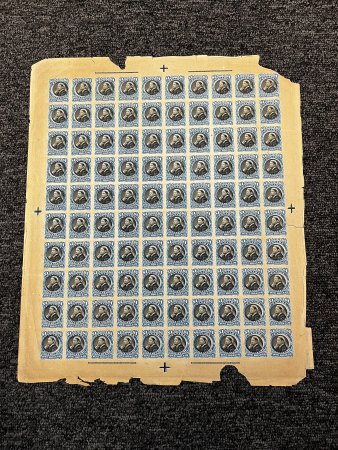 Stamp of Canada Revenues: 1868 $1 blue and black imperf. proof sheet of 100