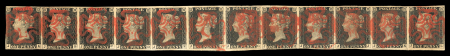 1840 1d black pl.3 complete horizontal row of twelve