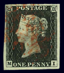1840 1d Black. An accumulation of 40 four-margin examples