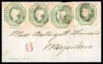 1847–54 1s Pale Green and Green. A selection of seven used singles, mostly with large to very large margins, two showing sheet margins. Four examples are affixed to a cover from which a fifth stamp is missing. A fine and