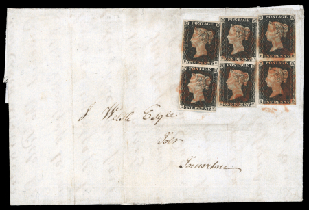 1840 1d black pl.2 PC/QE, three vertical pairs forming a reconstructed block of six, partially tied on large part entire from Frome