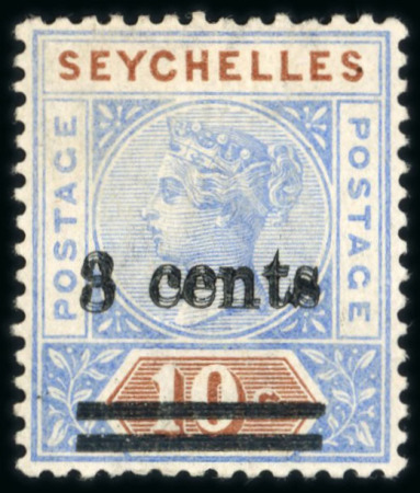 Stamp of Seychelles 1901 surcharged 3c on 10c bright ultramarine and brown with 'surcharge triple' variety (S.G. £15'000)
