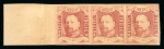 1864, 10 cent red, mint marginal strip of three.