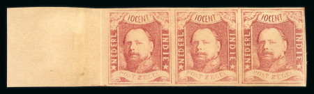 1864, 10 cent red, mint marginal strip of three.
