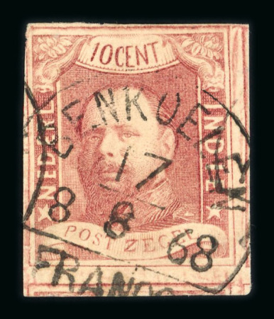 Benkoelen. 1864, 10 cent red with full to huge margins.