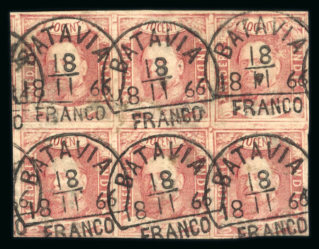 Batavia. 1864, 10 cent red block of six with full to huge margins.