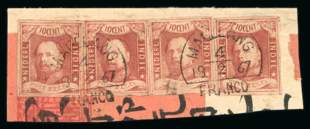 Magelang. 1864, 10 cent red, four singles on a Chinese