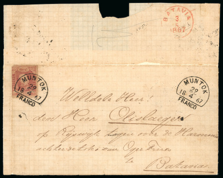 Muntok. 1864, 10 cent red on folded letter from Muntok