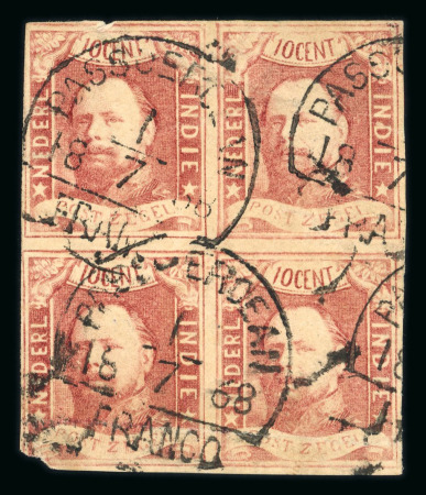 Passoeroean. 1864, 10 cent red block of four, RARE.