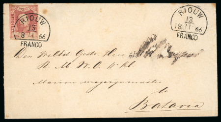 Riouw. 1864, 10 cent red on envelope from Riouw to Batavia, earliest known use.